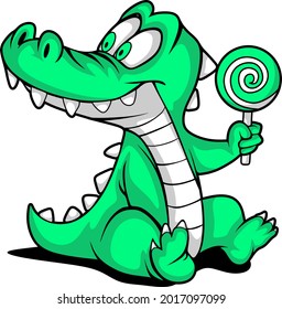 a crocodile holding lollipop in mascot style
