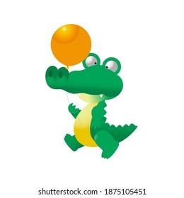 Crocodile holding an orange balo, cartoon image, isolated on a white background, vector illustration design, can be used for t-shirt printing, children's fashion designs, comics, dolls etc.