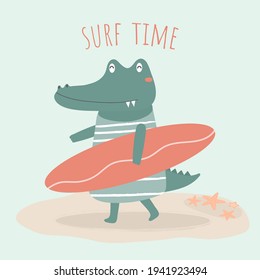 crocodile holding surfboard on the beach in cartoon character with Hello Summer collection, Hand drawn style flat vector illustration, Animals summer time concept