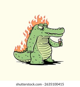 Crocodile with ice cream in his hand. Vector illustration