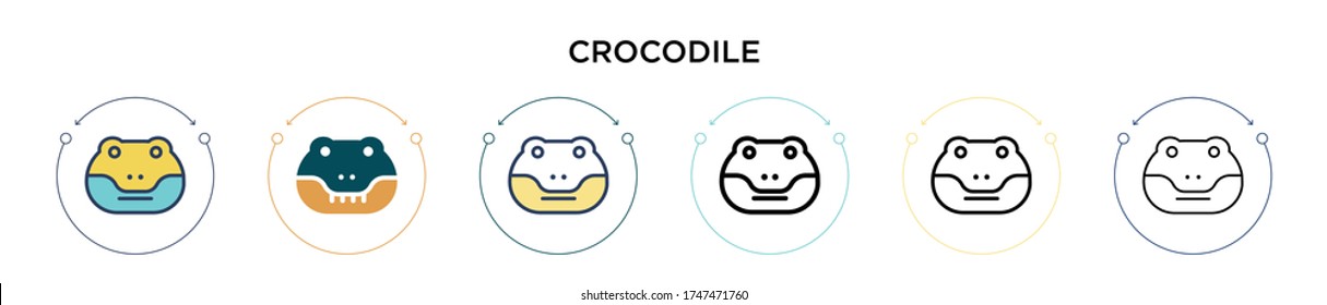 Crocodile icon in filled, thin line, outline and stroke style. Vector illustration of two colored and black crocodile vector icons designs can be used for mobile, ui, web