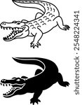 Crocodile Icons. Black And White Vector Illustrations. Caiman, Alligator. Reptile With Open Toothy Mouth. For Coloring Book Design. Animal Concept