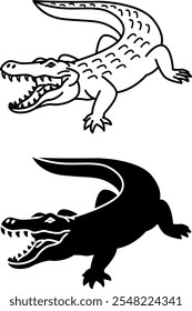 Ícones de crocodilo. Ilustrações De Vetor Em Preto E Branco. Caiman, jacaré. Réptil Com Boca De Dente Aberta. Para colorir o design do livro. Conceito de animal