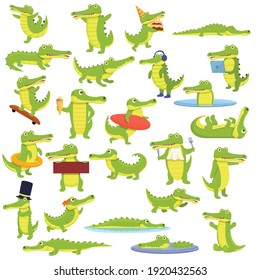Iconos de cocodrilo. Juego de dibujos animados de iconos vectores de cocodrilos para el diseño web