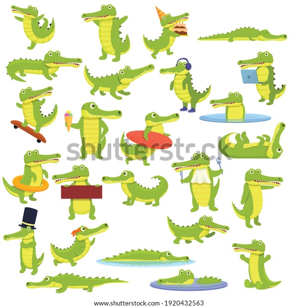 Crocodile icons set. Cartoon set of crocodile\
vector icons for web\
design