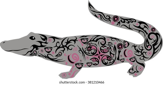 crocodile an illustration, an alligator with a pattern, a vector reptile, an amphibious individual, a wild animal, the isolated subject, wildlife, a pattern from lines and flowers, a small bone, 