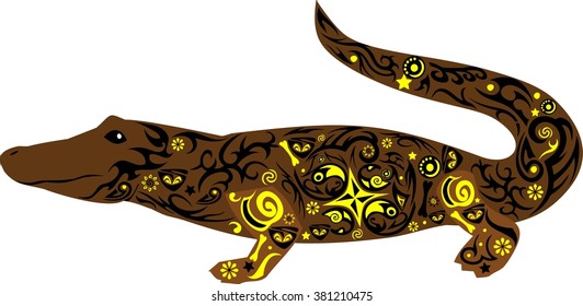 crocodile an illustration, an alligator with a pattern, a vector reptile, an amphibious individual, a wild animal, the isolated subject, wildlife, a pattern from lines and flowers, a small bone, 