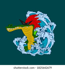 crocodile illustration design for sukajan is mean japan traditional cloth or t-shirt with digital hand drawn Embroidery Men T-shirts Summer Casual Short Sleeve Hip Hop T Shirt Streetwear