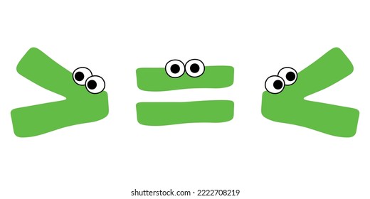 Crocodile inequality symbols. Less than greater than and equal symbol in mathematics. inequality symbols. Vector illustration isolated on white background.