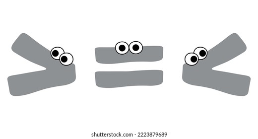 Crocodile inequality symbols. Less than greater than and equal symbol in mathematics. inequality symbols. Vector illustration isolated on white background.