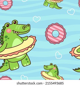 Crocodile in an inflatable circle. Kawaii character. Summer pattern on a blue background.