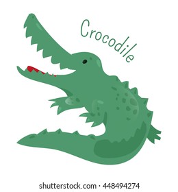 Crocodile isolated. Crocodylinae. Large aquatic reptiles living in Africa, Asia, America and Australia. Part of series of cartoon savannah animal species. Sticker for kids. Child fun icon. Vector