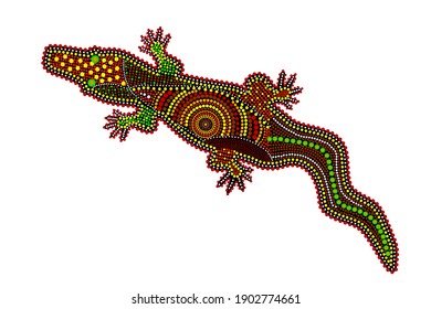 Crocodile isolated on white background. Australia aboriginal crocodile dot painting. Aboriginal styled alligator. Decorative ethnic style. Element for flyer, poster, banner, placard, brochure. Vector