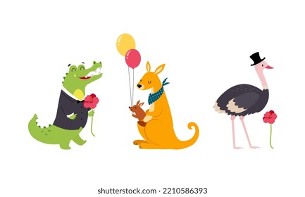 Crocodile in Jacket, Kangaroo with Baby in Pouch and Ostrich in Hat as Australian Animal Vector Set