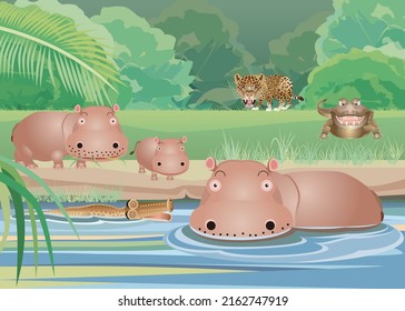 A crocodile and a jaguar are targeting a river horse swimming in the river.vector illustration