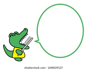 Crocodile kid brushing teeth with smile, with speech bubble.