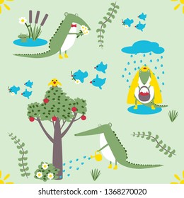 crocodile kind cute grows flowers apples in galoshes and raincoat seamless background Wallpaper for children for notebooks and notebooks standing in the rain in a puddle with a basket in his paws