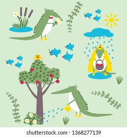 crocodile kind cute grows flowers apples in galoshes and raincoat  background Wallpaper for children for notebooks and notebooks standing in the rain in a puddle with a basket in his paws