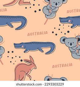 Crocodile and koala, jumping cangaroo, Australian animals and wilderness. Cute personages, wildlife and fauna of Australia. Seamless pattern, wallpaper print or background. Vector in flat style