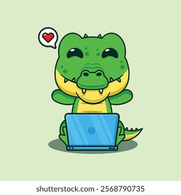 Crocodile with laptop cartoon vector illustration. Vector cartoon Illustration suitable for poster, brochure, web, mascot, sticker, logo and icon.