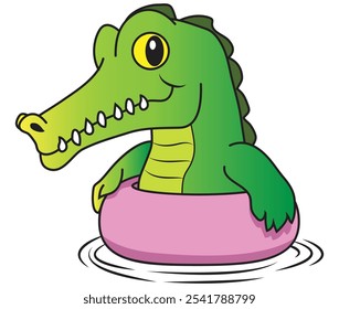 A crocodile is learning to swim in cartoon style. Illustration in colors and vector format.  