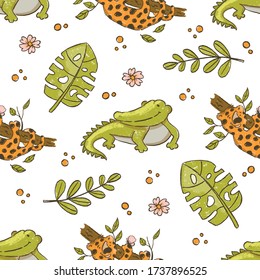 CROCODILE AND LEOPARD Cute Cartoon Tropical African Animals Hand Drawn Grunge Style Seamless Pattern Vector Illustration for Print Fabric and Digital Paper