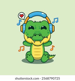 Crocodile listening music with headphone cartoon vector illustration. Vector cartoon Illustration suitable for poster, brochure, web, mascot, sticker, logo and icon.