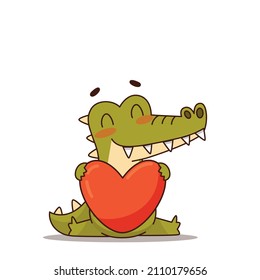 A crocodile in love holds a red heart. Valentine's Day, Valentine postcard. Vector illustration for designs, prints and patterns.