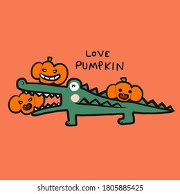 Crocodile love pumpkin, Happy Halloween cartoon vector illustration