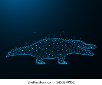 Crocodile low poly model, African animal polygonal wireframe, reptile vector illustration on dark blue background