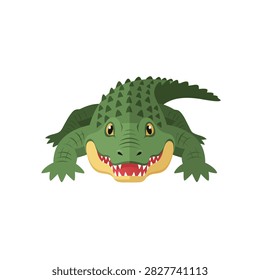 Crocodile lying with open mouth on plain white background.