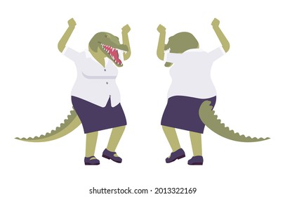 Crocodile mad woman, green lady reptile, animal head, tail human. Aggressive dangerous person with powerful jaws, teeth, wild predator. Vector flat style cartoon illustration, front and rear view