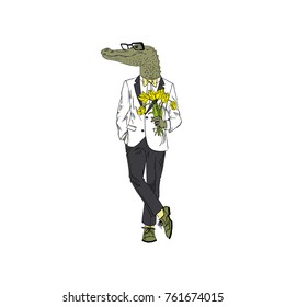 crocodile man dressed up in classy suit with flowers, romantic character
