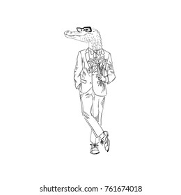 crocodile man dressed up in classy suit with flowers, romantic character
