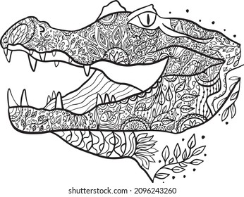 Crocodile Mandala coloring page. Patterned reptile. Alligator head white background. Ethnic animals series. Tribal ornament is painted by hand. Zentangle design.Anti-stress painting. Sketch for mehndi