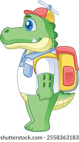 crocodile mascot cartoon character carrying a bag and wearing a propeller hat