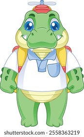 crocodile mascot cartoon character carrying a bag and wearing a propeller hat