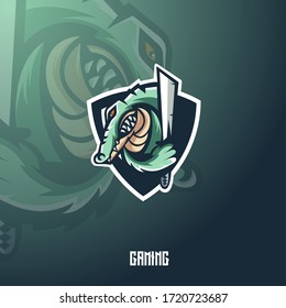 crocodile mascot logo design vector with modern illustration concept style for badge, emblem and t shirt printing. Angry crocodile carry swords illustration for sport and e-sport team