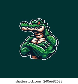 VECTOR DE LOGOTIPO DE MASCOT CROCODILE EN VERDE, MARRÓN, ROJO, BLANCO Y NEGRO CON FONDO VERDE PROFUNDO