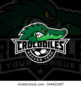 Crocodile mascot for a soccer team on a dark background. Vector illustration.