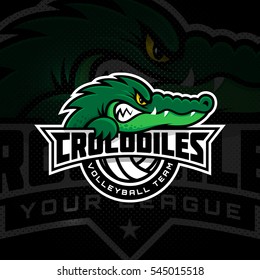 Crocodile mascot for a volleyball team on a dark background. Vector illustration.