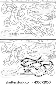 Crocodile maze for kids with a solution in black and white