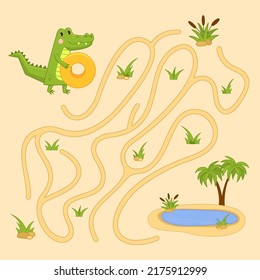 Crocodile maze. Labyrinth puzzle, help alligator find way to oasis lake. Choose direction game for kids, logic test vector illustration. Preschool activity for leisure and education, funny task