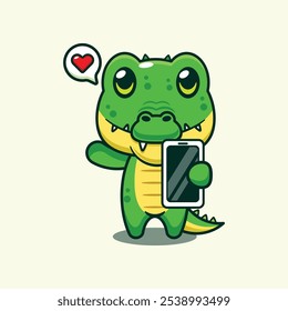 Crocodile with mobile phone cartoon vector illustration. design element suitable for poster, brochure, web, mascot, sticker, logo and icon.