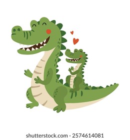 Crocodile mom and baby, cartoon style, mothers day illustration, cute animal