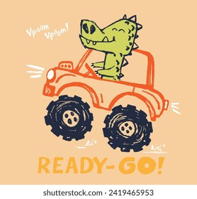 Monstruo cocodrilo, camión divertido diseño de impresión de camisetas de verano. Carro de carreras. El deporte de velocidad buggy gran pie auto. Lema. Impulsar la ilustración animal de safari. Afiche de la tipografía infantil Racer. Patrón de vacaciones