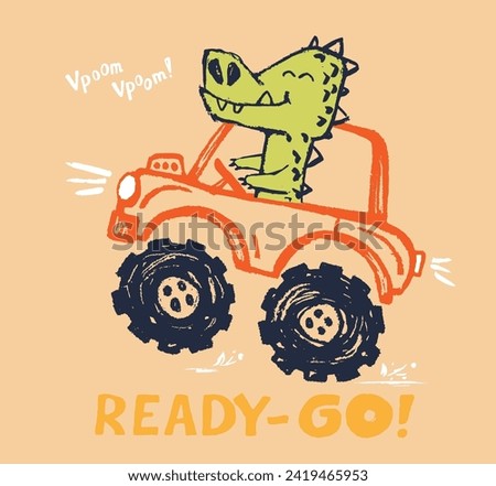 Crocodile monster, truck funny cool summer t-shirt print design. Racing car. Speed sport buggy big foot auto. Slogan. Drive safari animal illustration. Racer kids typography poster. Holiday pattern