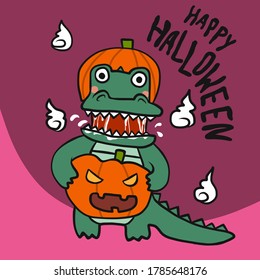 Crocodile monster wear pumpkin and bring pumpkin monster Halloween cartoon vector illustration