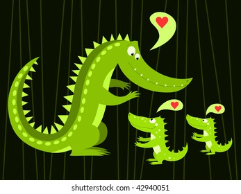 Crocodile mother and offspring - vector