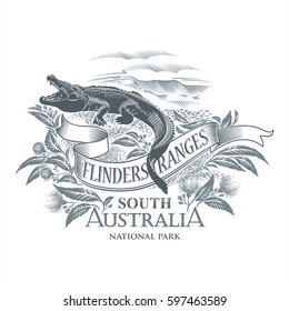 Crocodile, national Park Flinders Ranges, South Australia, in gray, illustration, vector